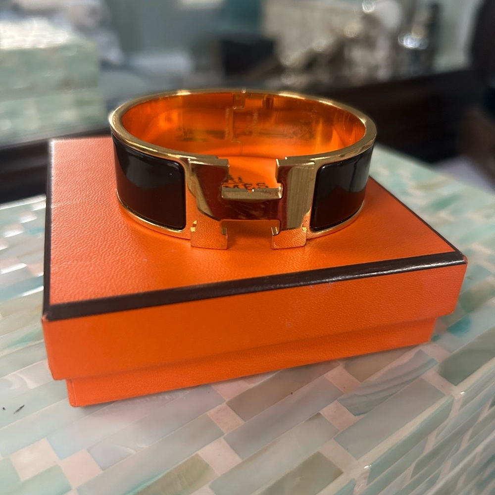 Authentic Hermes Clic Clac H GM Bangle Black & Gold Women's Bracelet  🧡🖤🧡